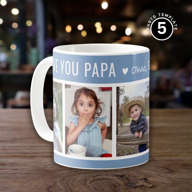 Love You Papa Grandkids 5 Photo Collage Blue Coffee Mug (Creator Uploaded)