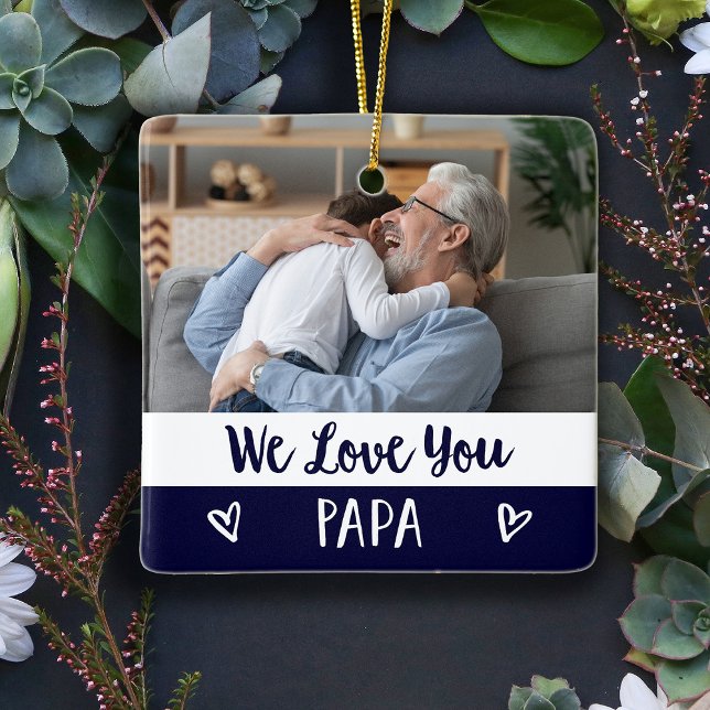 Love You Papa | Navy Blue Colour Block Two Photo Ceramic Ornament (A cute and modern, navy blue and white photo ornament for the perfect Christmas gift for Papa)