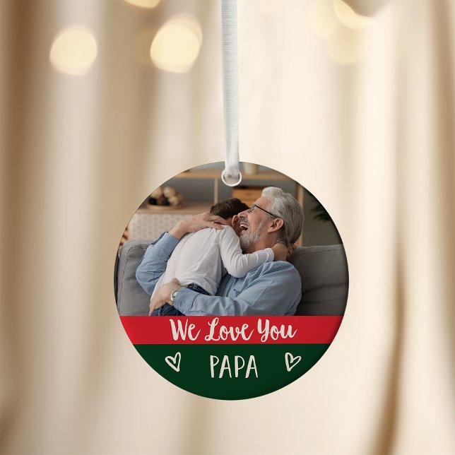 Love You Papa | Red Green Colour Block Two Photo Ornament (A colorful, modern red and green Christmas ornament with two photos for Papa)