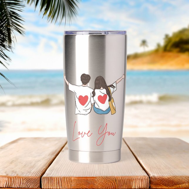 Love You Pink Heart Water Bottle Insulated Tumbler (Beach (Rotated))