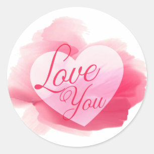 Love You Pink & Red Watercolor Heart Classic Round Sticker