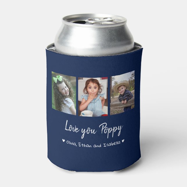 Love You Poppy 3 Photo Collage Blue Can Cooler (Can Front)