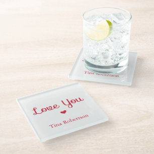 Love you red heart personalised white glass coaster