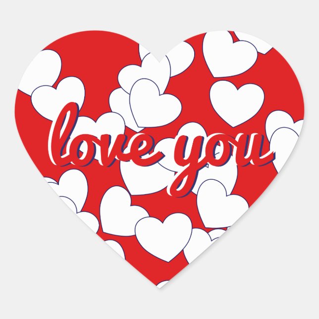 'love you' - Red With Cute White Love Hearts Class Heart Sticker (Front)