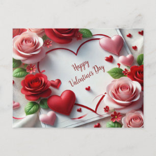 Love You Roses and Hearts Valentines Day Holiday Postcard
