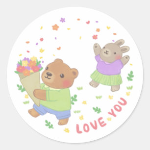 Love You: Teddy Bear & Bunny with Flowers Classic Round Sticker