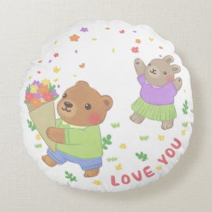Love You: Teddy Bear & Bunny with Flowers Round Cushion