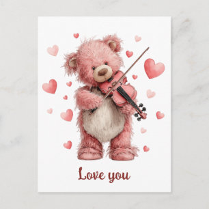 Love You Teddy with Violin Postcard