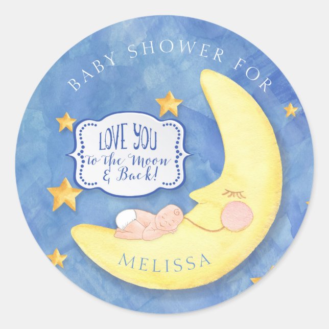 Love You To The Moon and Back Baby Shower Classic Round Sticker (Front)