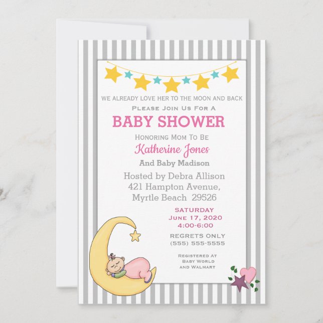 Love You To The Moon Baby Girl Shower Invitation (Front)