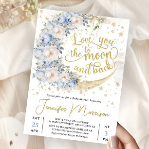 Love You To The Moon Baby Shower Boy Dusty Blue  Invitation