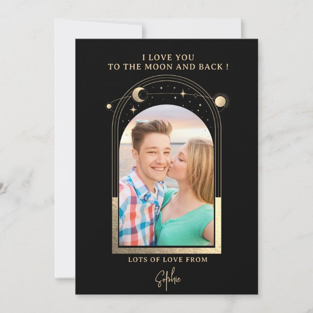 Love You To The Moon Photo Celestial Black Gold Holiday Card (Front)