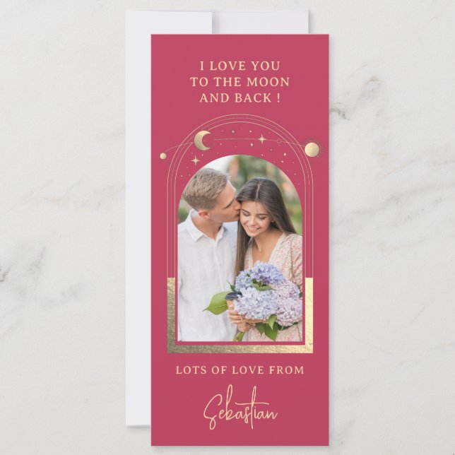 Love You To The Moon Photo Celestial Magengta Gold Holiday Card (Front)