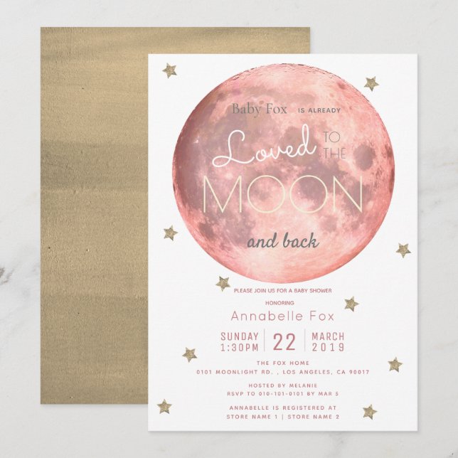 Love You to the Moon Pink Gold Baby Shower Invitation (Front/Back)