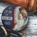 Love you to the Outfield Photo Blue Leather Look Baseball<br><div class="desc">Personalised blue leather look baseball with two photos and lovely baseball quote from kids. The wording reads "love you to the outfield and back" and is lettered in modern skinny font and bold typography in white. The photo template is set up ready for you to add your pictures and the...</div>