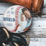 Love you to the Outfield Photo White Leather Look Baseball<br><div class="desc">Personalised white leather look baseball with two photos and lovely baseball quote from kids. The wording reads "love you to the outfield and back" and is lettered in modern skinny font and bold typography in deep blue and red. The photo template is set up ready for you to add your...</div>