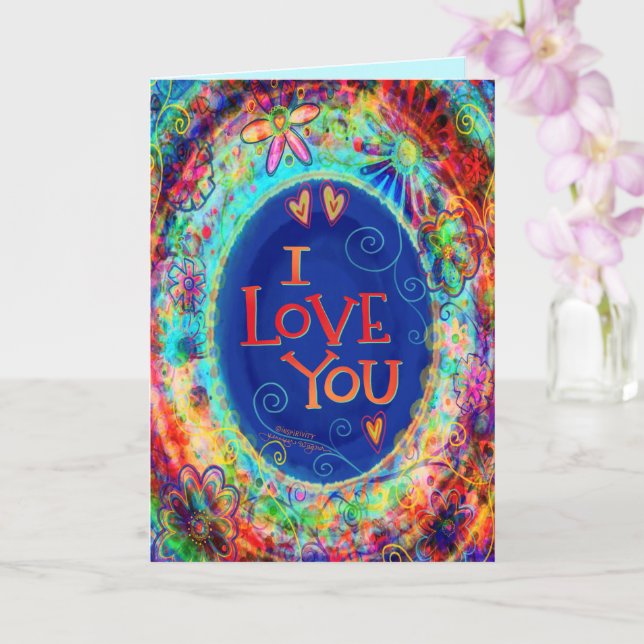 Love You Valentine Pretty Floral Fun Blue Hearts Card (Orchid)
