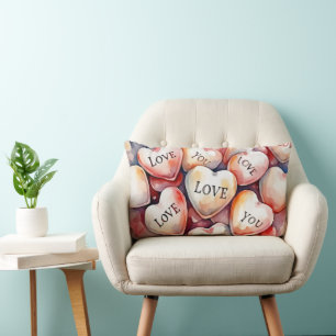 Love You watercolor painting hearts romantic gift Lumbar Cushion