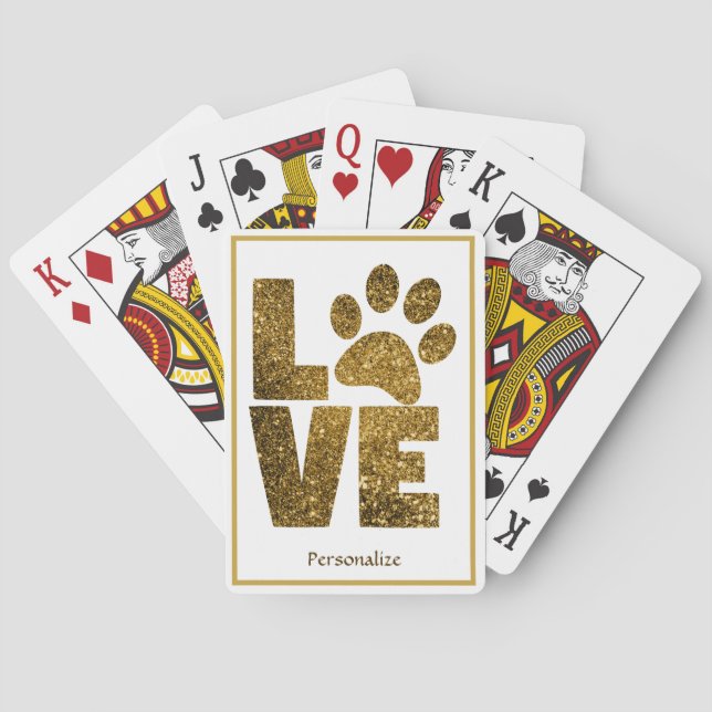 Love Your Pet Paws Gold Glitter Personalised Playing Cards (Back)
