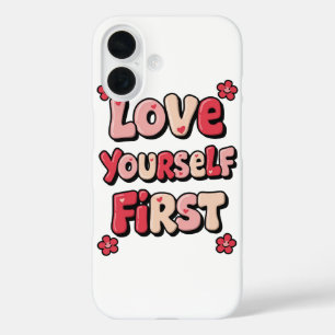 "Love Yourself First" Retro 70s Typography iPhone 16 Case