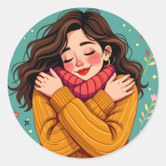 Love Yourself | Girl Hugging Herself Classic Round Sticker