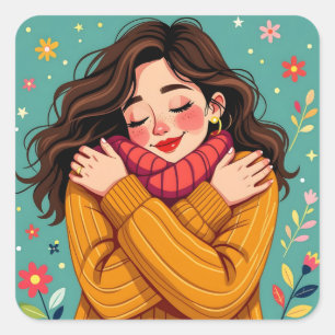 Love Yourself   Girl Hugging Herself Square Sticker
