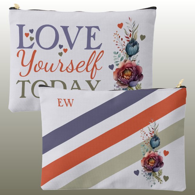 Love yourself today add initials floral cosmetic accessory pouch (Creator Uploaded)