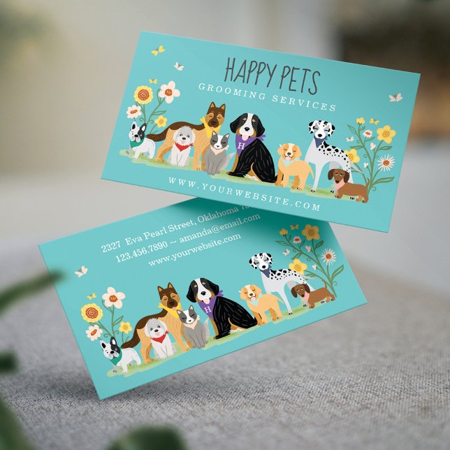 Loveable Happy Pet Family Pet Care, Grooming Blue Business Card (Creator Uploaded)