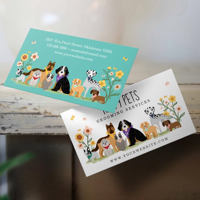 Loveable Happy Pet Family Pet Care, Grooming White Business Card (Creator Uploaded)