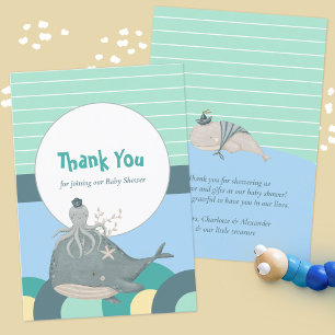 Loveable Nautical Whale Octopus Green Baby Shower Thank You Card