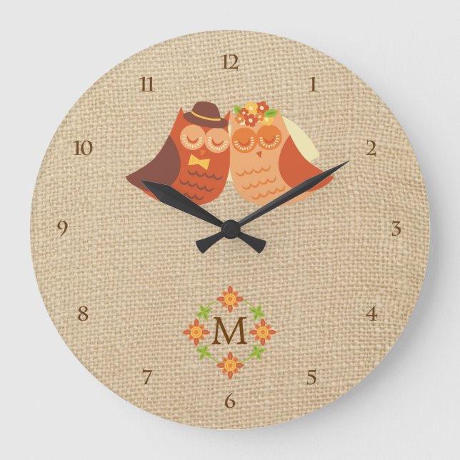 Lovebird Owls on Burlap Monogram Clock (Front)