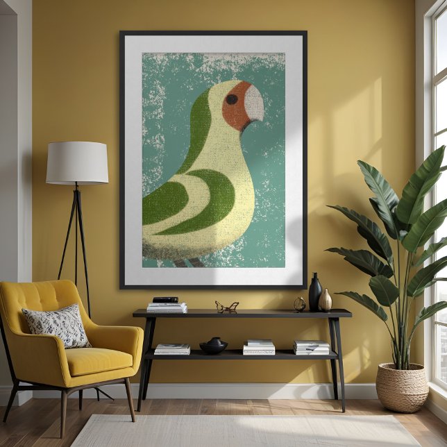 Lovebird Parrot Minimalist Textured Modern Yellow Poster (Minimalist lovebird parrot poster in midcentury modern style. Green and yellow with organic textures)