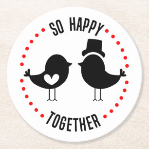 Lovebirds Black White Wedding Bridal Shower Round Paper Coaster