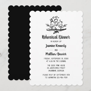 Lovebirds Black White Wedding Rehearsal Dinner Invitation
