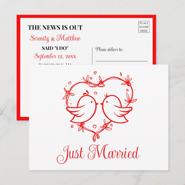Lovebirds Boho Red Love Heart Just Married Wedding Announcement Postcard (Front/Back)