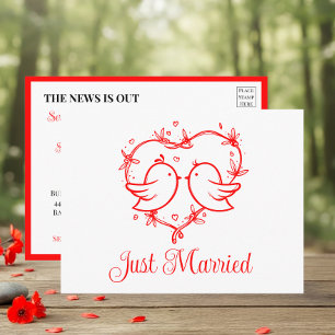 Lovebirds Boho Red Love Heart Just Married Wedding Announcement Postcard
