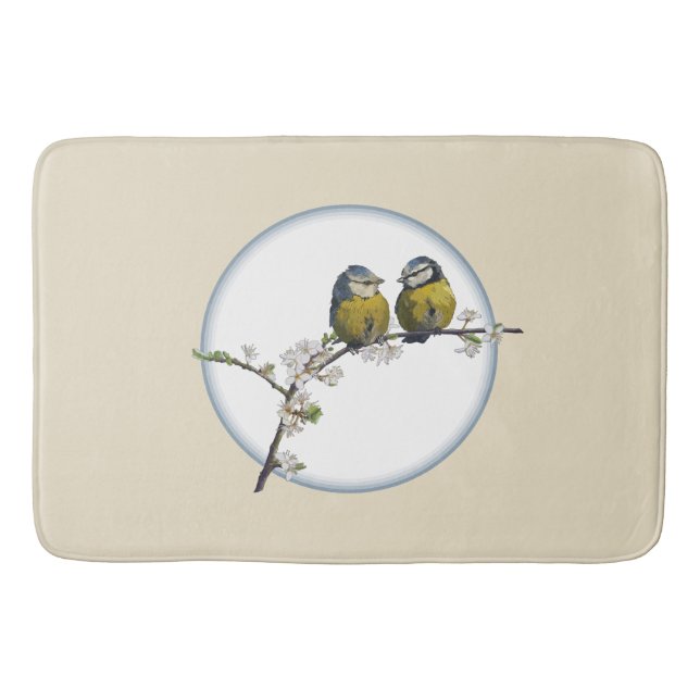 Lovebirds cherry blossom branch retro circle beige bath mat (Front)