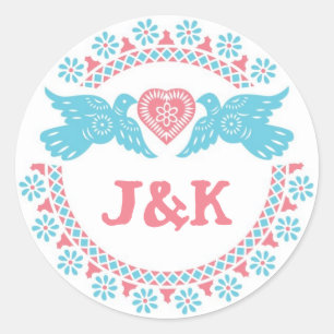 Lovebirds coral and aqua round sticker