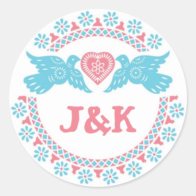 Lovebirds coral and aqua round sticker (Front)