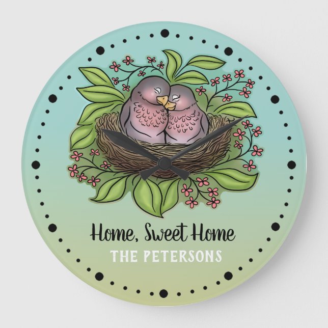 Lovebirds Couple in Nest Home Sweet Home Large Clock (Front)