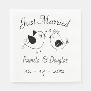 Lovebirds Just Married Black White Wedding Birds Napkin