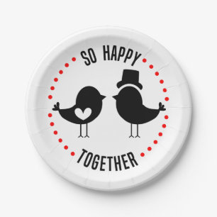 Lovebirds Just Married Black White Wedding Birds Paper Plate