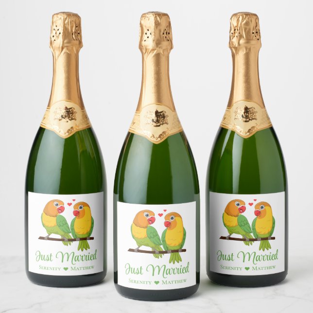 Lovebirds Love Birds Wedding Just Married  Sparkling Wine Label (Bottles)