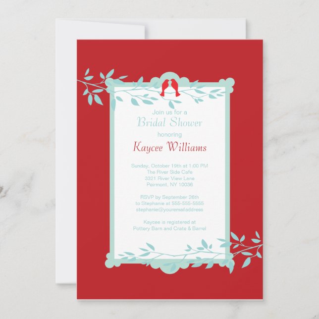 Lovebirds on Red Bridal Shower Invite (Front)