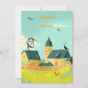 Lovebirds on the Antenna Charming village wedding  Invitation