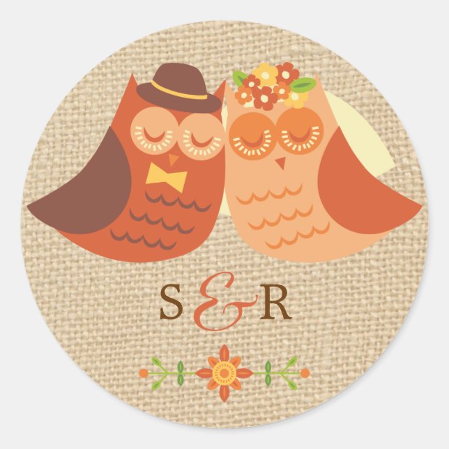 Lovebirds Owl on Burlap Wedding Sticker (Front)