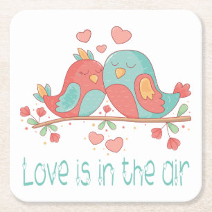 Lovebirds Pink, Blue Green Turquoise Wedding Love Square Paper Coaster