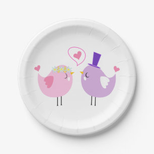 Lovebirds Pink  Purple Wedding, Bridal Shower Love Paper Plate