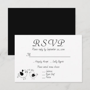 Lovebirds RSVP Black White Wedding Cartoon Birds Invitation