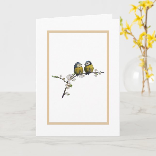 Lovebirds sitting on a cherry blossom branch card (Yellow Flower)